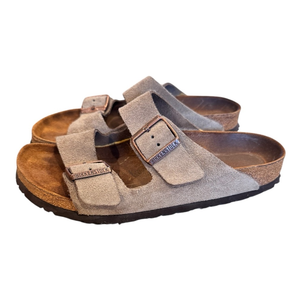 Birkenstock Arizona Suede Sandal size 39 Taupe Rose Gold Buckle EUC 2 Strap